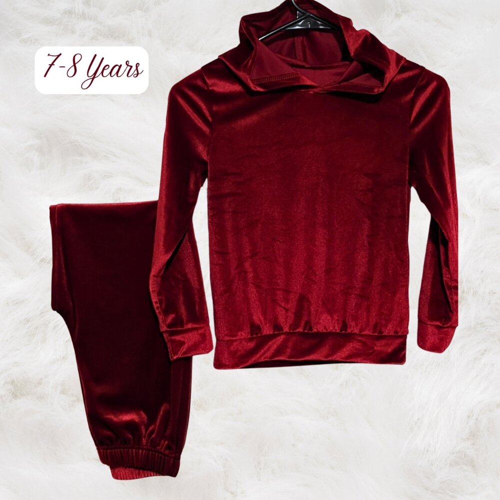 Kids' Warm Red Velvet Coord Tracksuit Set Outdoor Fall Clothing Kids Winter 7-8